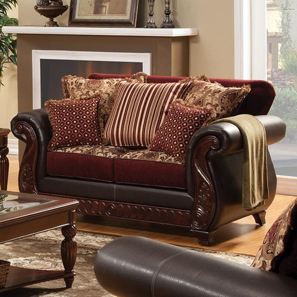 Franklin Burgundy/Espresso Love Seat, Burgundy - Jay's Mattress Plus (NY)