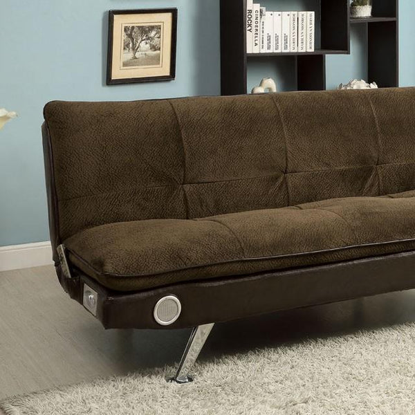 GALLAGHER Dark Brown/Chrome Futon Sofa w/ Bluetooth Speaker, Brown - Jay's Mattress Plus (NY)