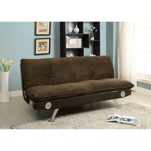 GALLAGHER Dark Brown/Chrome Futon Sofa w/ Bluetooth Speaker, Brown - Jay's Mattress Plus (NY)