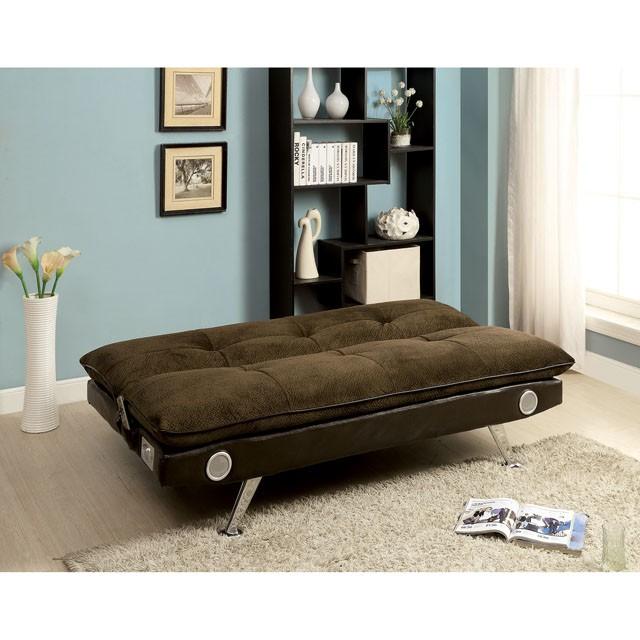 GALLAGHER Dark Brown/Chrome Futon Sofa w/ Bluetooth Speaker, Brown - Jay's Mattress Plus (NY)