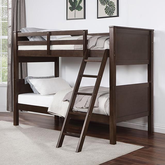 STAMOS Full/Full, Twin/Full, & Twin/twin Bunk Bed, Walnut - Jay's Mattress Plus (NY)