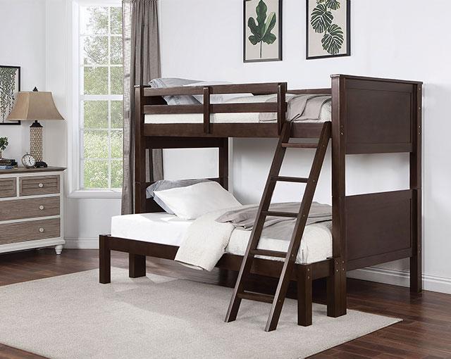 STAMOS Full/Full, Twin/Full, & Twin/twin Bunk Bed, Walnut - Jay's Mattress Plus (NY)