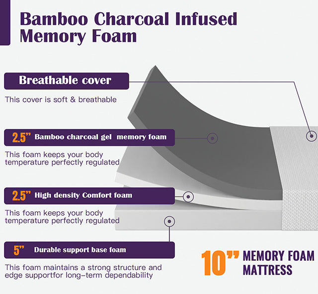 Nasturtium 10" E.King Bamboo Charcoal Infused Memory Foam - Jay's Mattress Plus (NY)